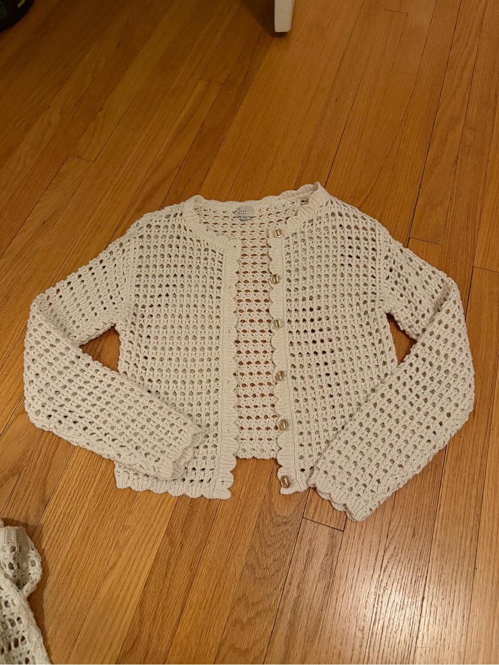 Cream Crochet Open-Knit Button Cardigan Sweater